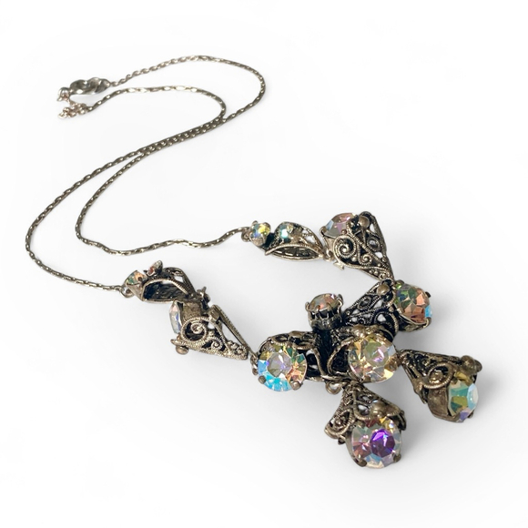 Vintage Czech Filigree Cone Aurora Borealis Rhinestone Silver Tone Necklace. - Picture 2 of 7